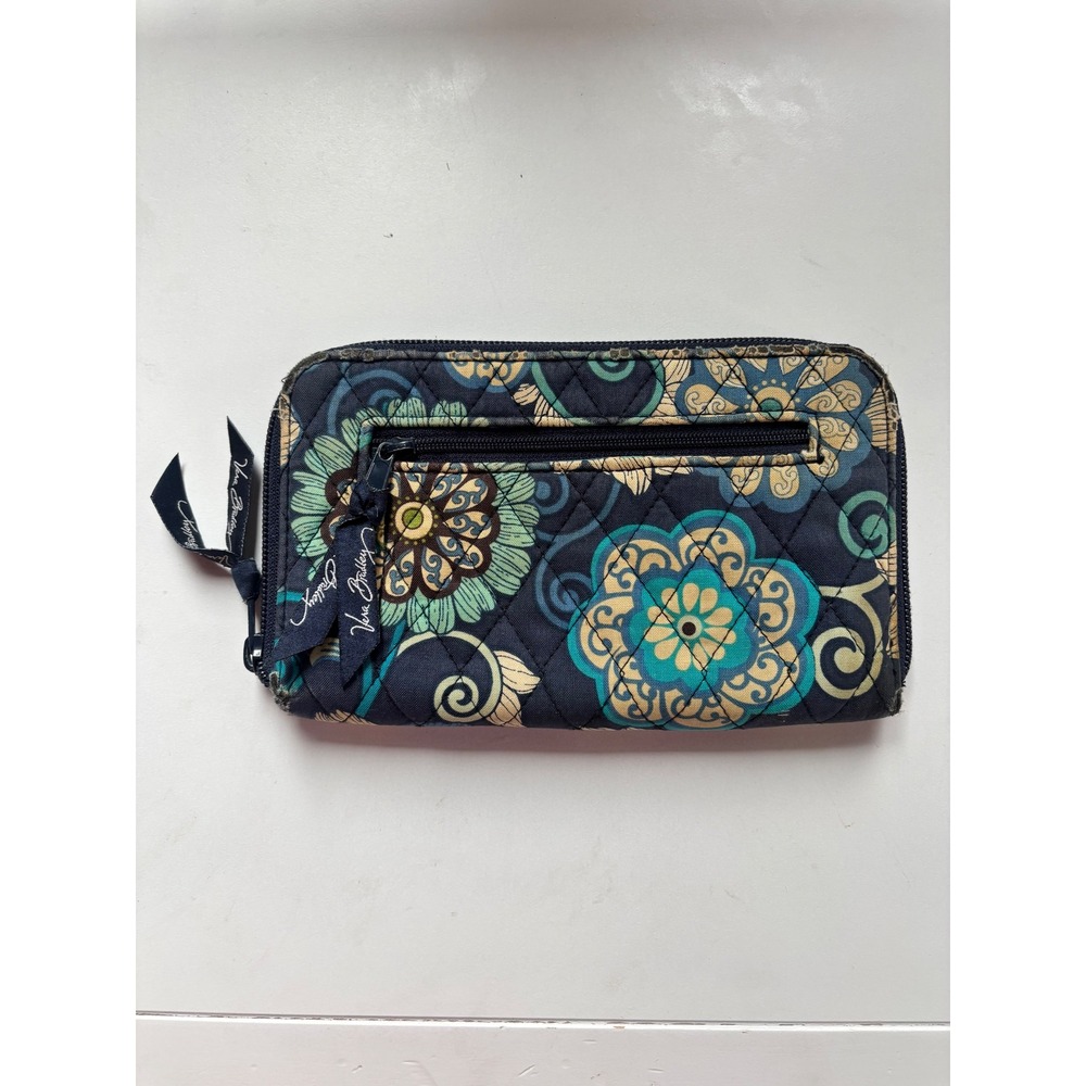 Vera Bradley Zip Around Wallet Navy Blue Quilted Floral Cotton